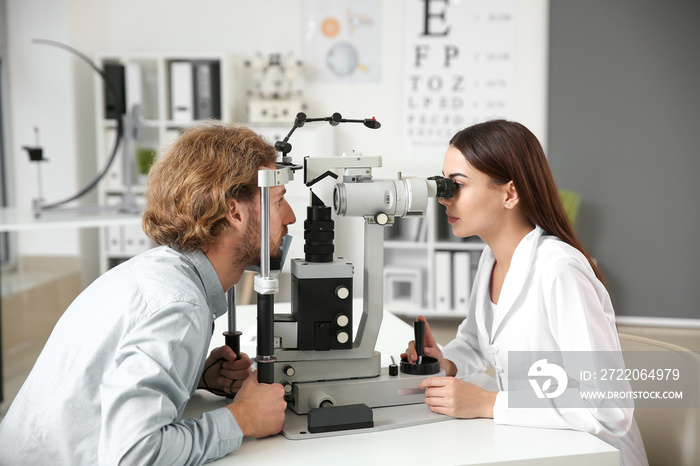 Ophthalmologist examining young man in clinic