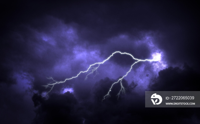 Lightning with dramatic clouds. Lightning strike on the dark cloudy sky.