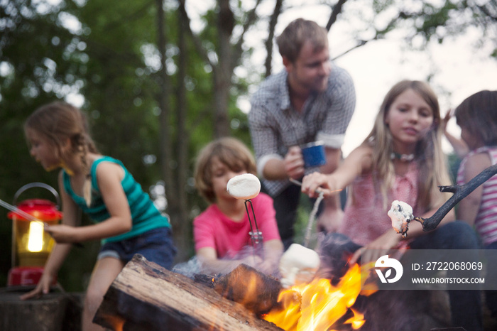 Family with children (2-3, 4-5, 6-7, 8-9) roasting marshmallows