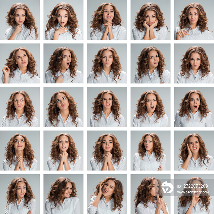 The collage from different woman emotions on gray background