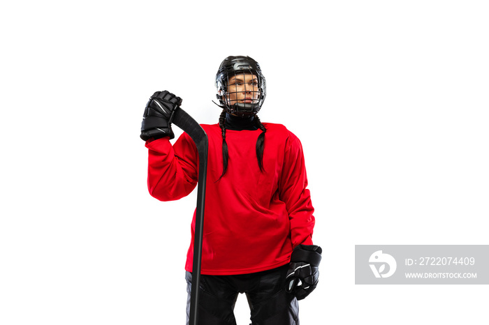 裁剪的女性肖像，穿着特殊防护服的职业冰球运动员，被隔离在wh上