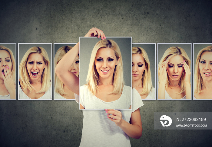 Masked blonde young woman expressing different emotions