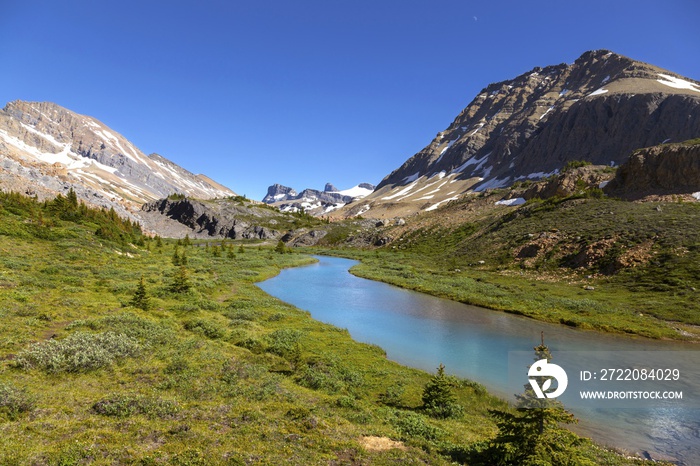 Calm Blue Brazeau River on a Green Alpine Meadow and Distant Canadian Rocky Mountains Landscape in J