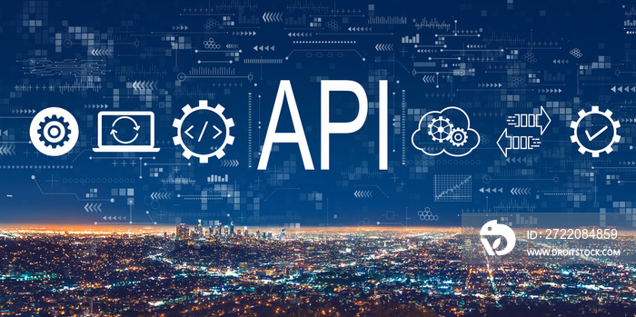 API - application programming interface concept with downtown Los Angeles at night