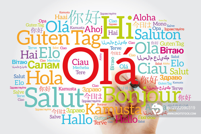 OLA (Hello Greeting in Portuguese) word cloud in different languages of the world with marker