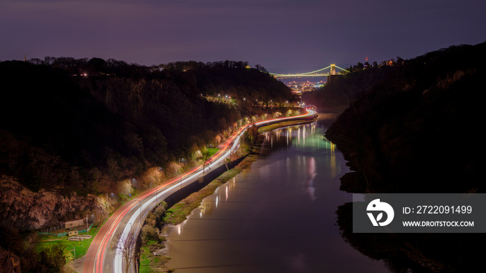 Night view of Clifton Suspension Bridge and Avon Gorge from near the Sea Walls, Bristol, UK