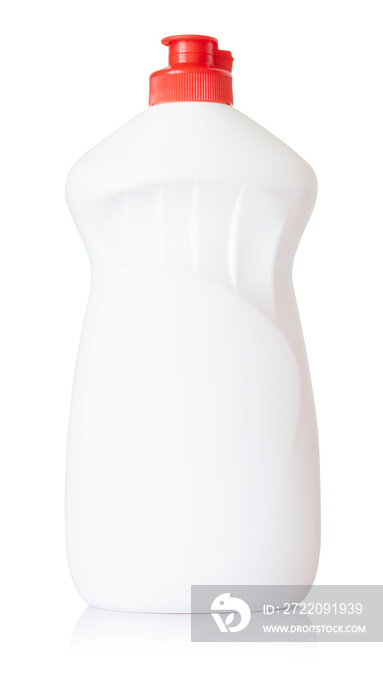 White plastic bottle of washing up liquid isolated on a white background. White container. HDPE plas