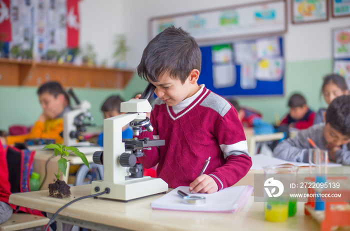 student examines plants with microscope at the classroom