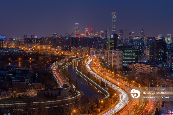 北京东二环眺望国贸CBD中央商务区夜景
