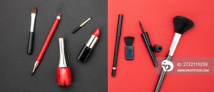 Make-up cosmetics accessories against red and black background