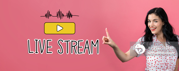 Live stream with young woman on a pink background