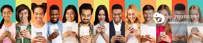 Young People Using Smartphones Texting On Different Colorful Backgrounds, Collage