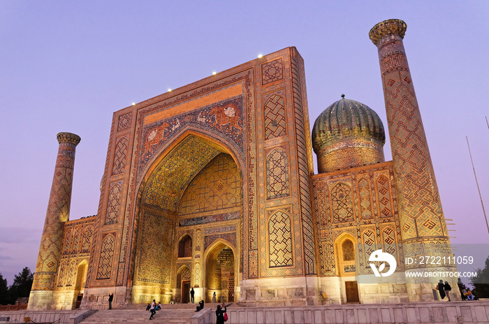 Registan Square in Samarkand, Uzbekistan at night