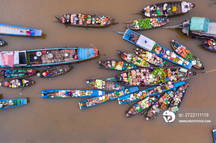 Aerial view from above Phong Dien floating market on Tet holiday full of fruit and agricultural products