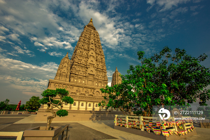 Mahabodhi Temple or Bodh Gaya Pagoda at Wat-Panyanantaram during sunrise and beautiful sky,Wat Panyanantaram is famous pagoda and popular for traveler near bangkok at PathumThani,Thailand