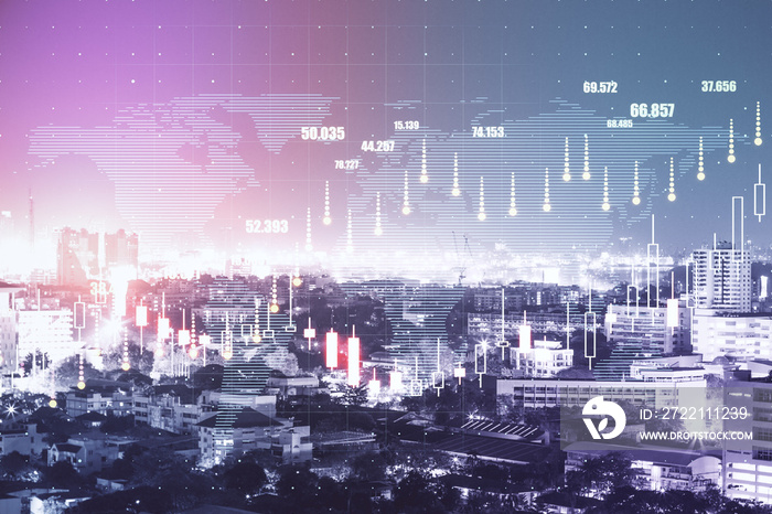 World market exchange concept with virtual screen with forex chart indicators on night cityscape background. Double exposure.