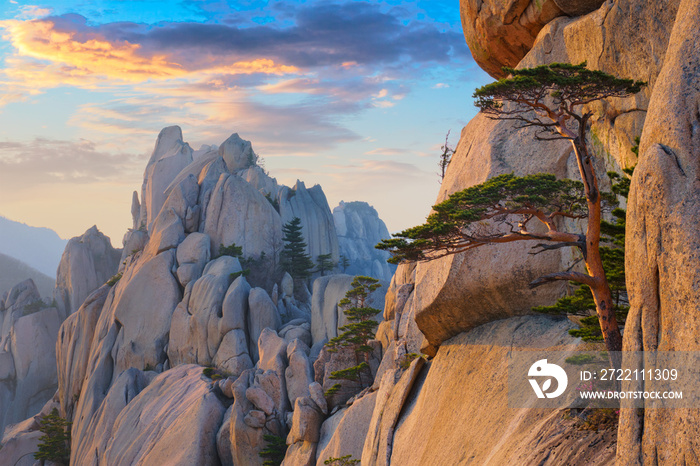 View from Ulsanbawi rock peak on sunset. Seoraksan National Park, South Corea