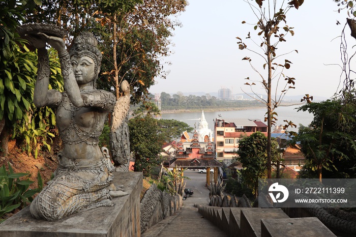 Stairs with Traditional Sculpture and View in Chiang Saen, Thailand