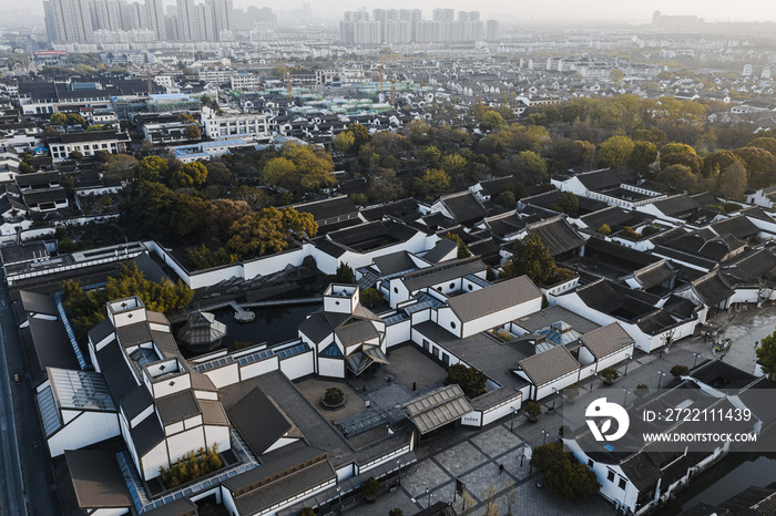 Aerial view of Suzhou Museum and the street in old city in Suzhou, China