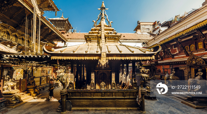 The golden temple in Patan, unique Buddhist monastery in north of Durbar Square, Kathmandu of Nepal.