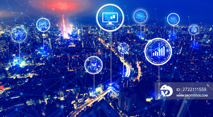 Stock trading concept with aerial view of Tokyo, Japan at night