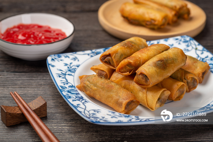 Delicious fried spring rolls and sweet chili sauce