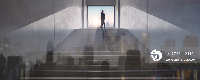 successful business way, how to success and be achievement and focus to goal concept, young businessman standing and looking out to develop working life to leader, climbing stairs to get top of city