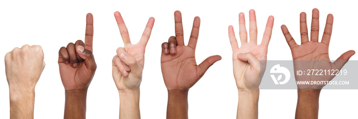 Set of black and white man’s hands. Male hands show figures, counting