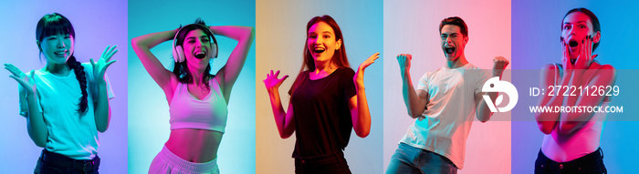 Portraits of group of people on multicolored background in neon light, collage.