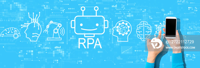 Robotic Process Automation RPA theme with person using a smartphone on a blue background