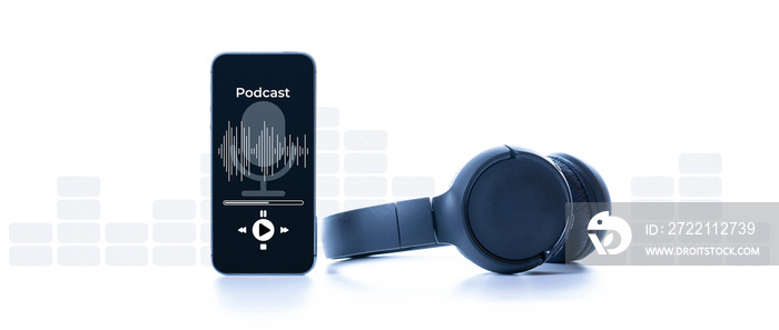 Podcast background. Mobile smartphone screen with podcast application, sound headphones. Audio voice with radio microphone on white. Recording studio or podcasting banner with copy space.