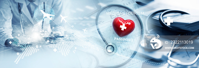 Medical tourism concept, Health tourism and international medical travel insurance. Healthcare and medicine on global network.