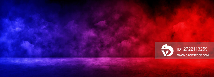 Empty space of Studio dark room with fog or mist and lighting effect red and blue on concrete floor gradient background.