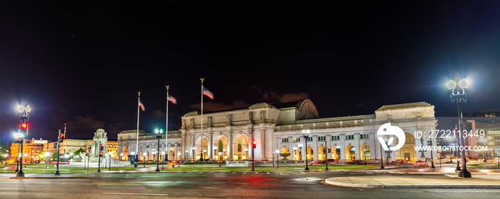 View of Union Station in Washington DC at night