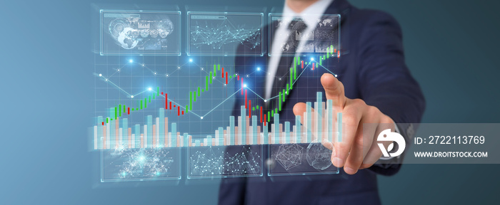 Businessman using 3D rendering stock exchange datas and charts