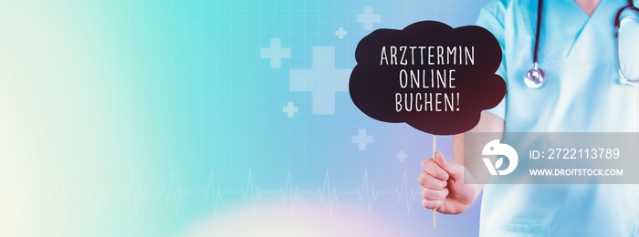 Arzttermin online buchen!. Arzt hält Schild. Text steht in der Sprechblase. Blauer Hintergrund mit Icons