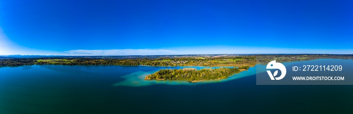 Aerial view, Wörth lake with the Wörth island or Mausinsel, Stranberg district, Bachern, Bavaria, Germany