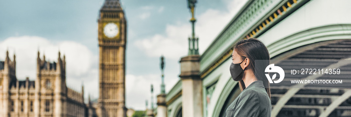 COVID-19 mask wearing business people walking in London city. Asian woman using face cover for public outdoor spaces in urban landscape banner. Tourist at view of Big Ben, UK.