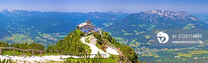 Eagle’s Nest or Kehlsteinhaus hideout on the rock above Alpine landscape panoramic view