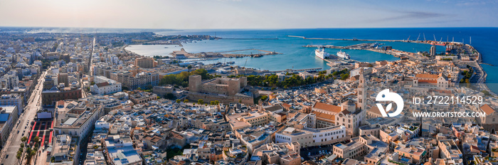 Aerial view of Bari old town. View of the Bari Cathedral (Saint Sabino) and  San Nicola Basilica , Bari second Cathedral. These churches were built during middle ages.