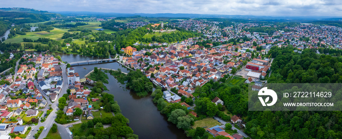 Aerial view of the city Burglengenfeld in Germany, Bavaria. on a sunny day in spring