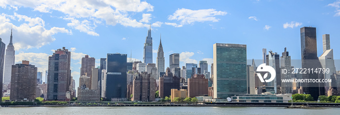 The midtown Manhattan skyline panorama in Tudor City including the United Nations Headquarters and several other skyscrapers