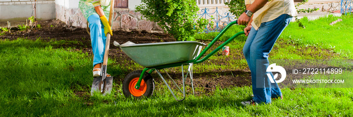 woman and man landscaping the yard and lawn