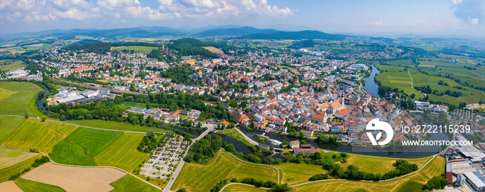 Aerial view of the city Cham in Germany, Bavaria on a sunny day in Spring