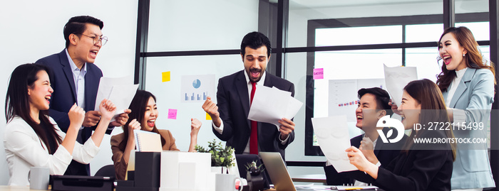 Banner smart diverse businesspeople wearing formal clothes, smiling with success and happiness together, his success, clapping hands and sitting in meeting room at indoor office or workplace.