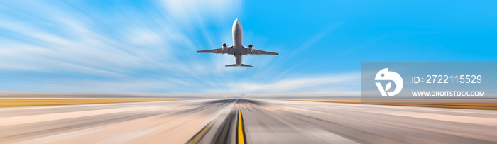 White Passenger plane fly up over take-off runway from airport