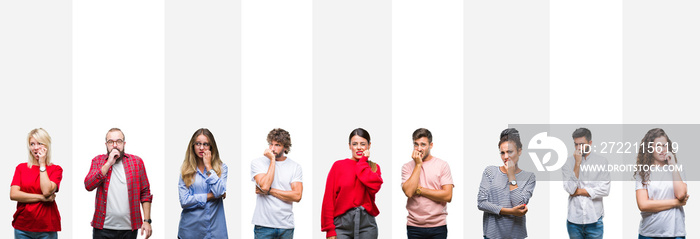 Collage of different ethnics young people over white stripes isolated background looking stressed and nervous with hands on mouth biting nails. Anxiety problem.