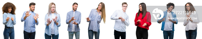 Composition of african american, hispanic and caucasian group of people over isolated white background disgusted expression, displeased and fearful doing disgust face because aversion reaction.