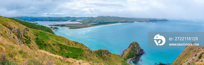 Aerial view of Hoopers inlet at Otago peninsula in New Zealand