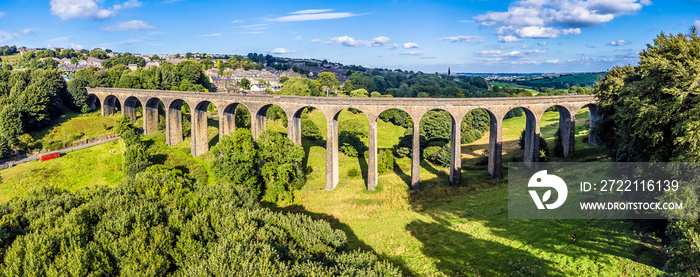 An aerial panorama view towards the Thornton viaduct, Yorkshire, UK in summertime